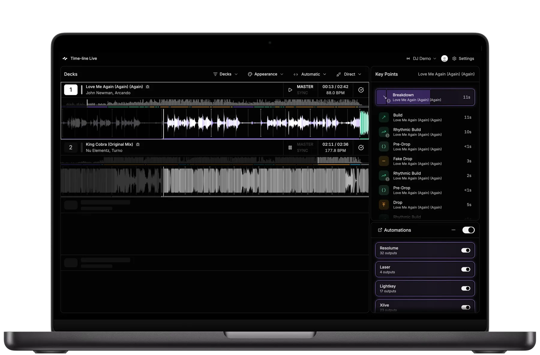 Time-line Live homepage showing now playing, decks, Key Points, and Automations