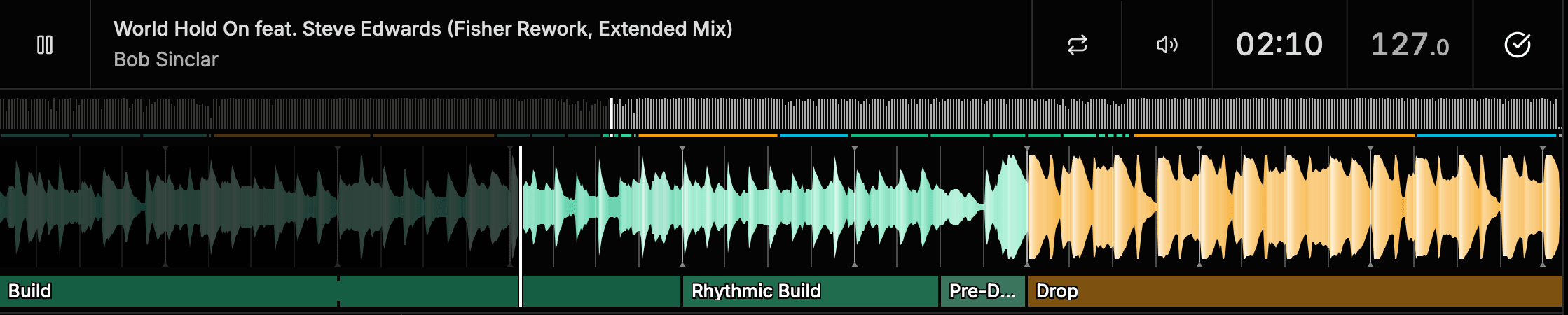 Time-line Live waveform with machine-learning Key Points marking a Build, Rhythmic Build, Pre-Drop and Drop