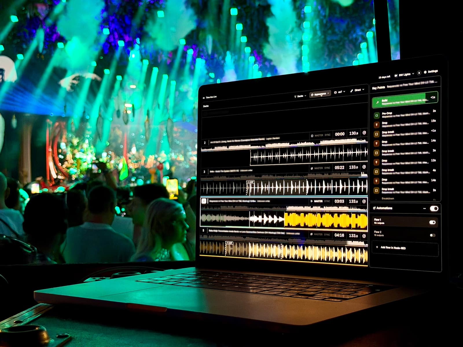 Time-line Live showing connected DJ decks and upcoming Key Points during a live performance